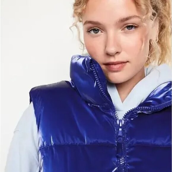 Old Navy Womens Blue Zip Water Resistant Shiny Quilted Puffer Vest Coat Jacket M - Picture 3 of 6